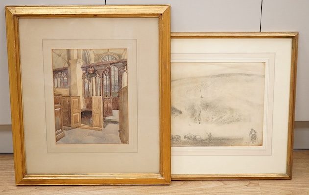 C.G, watercolour, ‘Brent Church, S. Devon’, monogrammed together with a charcoal study, oxen before mountains, monogrammed and dated 1933, largest 29 x 41cm. Condition - fair, staining to charcoal